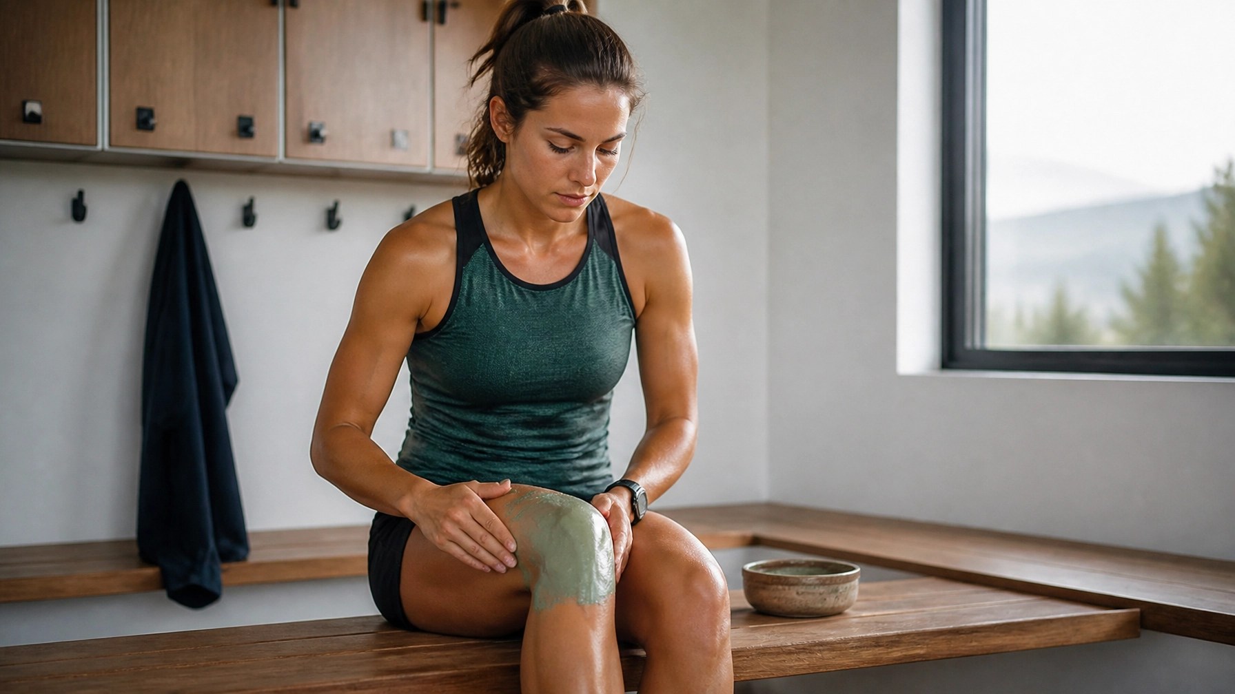 Elite athlete applying green clay to knee