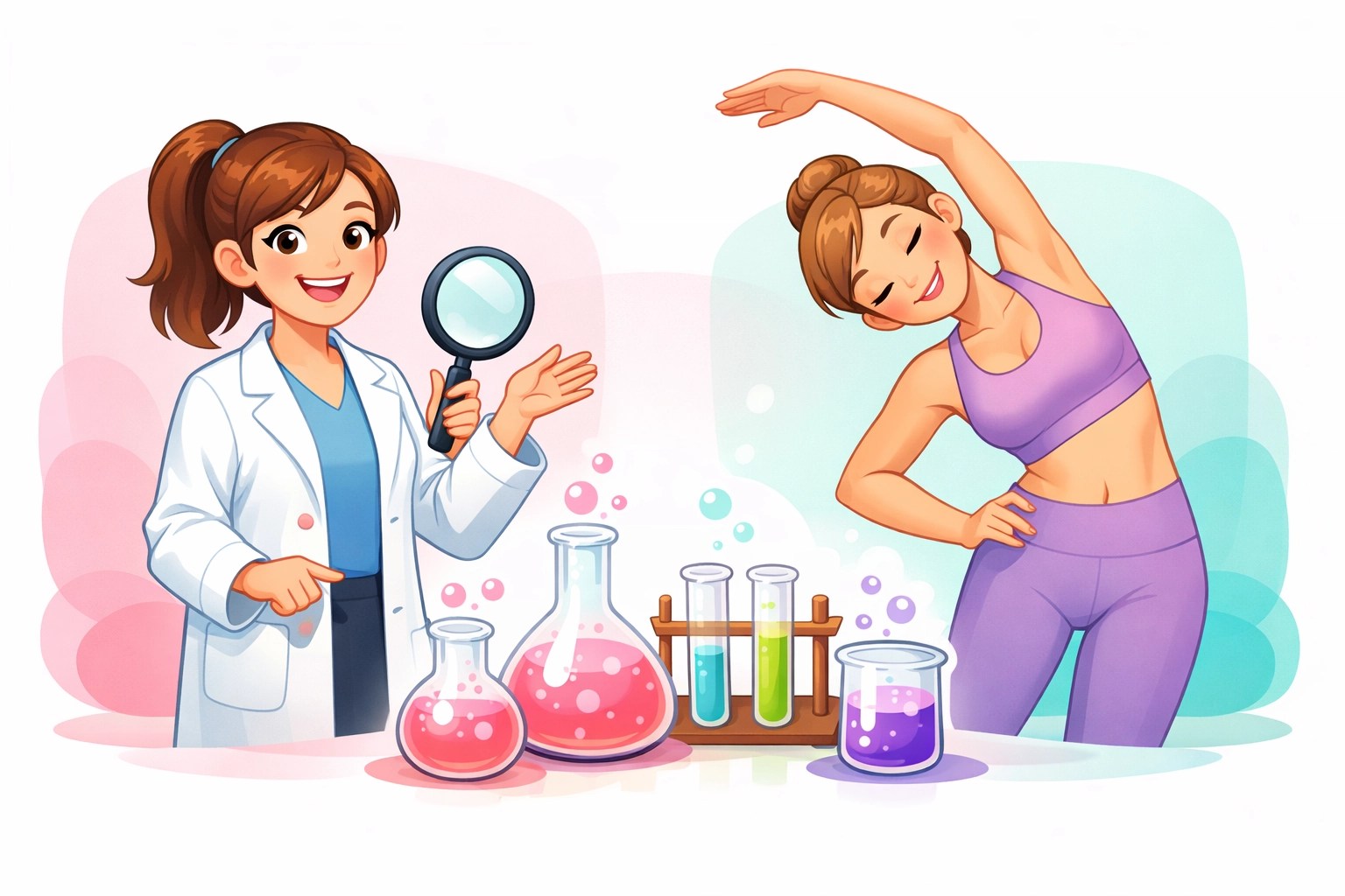 Cartoon chemist and Pilates instructor showing the importance of using a natural deodorant without parabens.