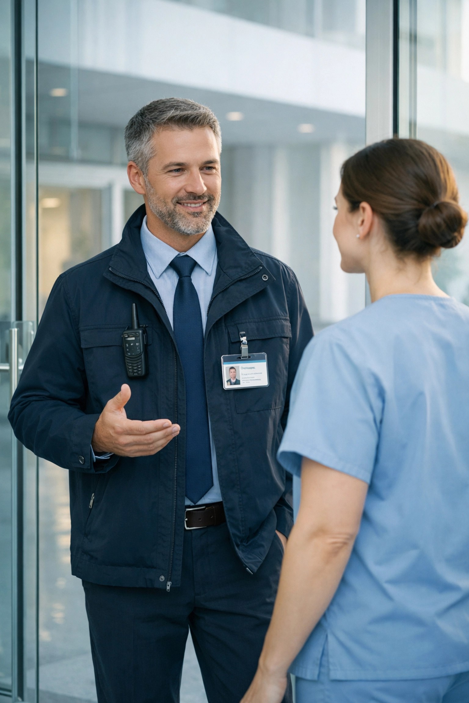 Medical transport coordinator and nurse collaborating at a clinic for timely door-to-door patient pickup.