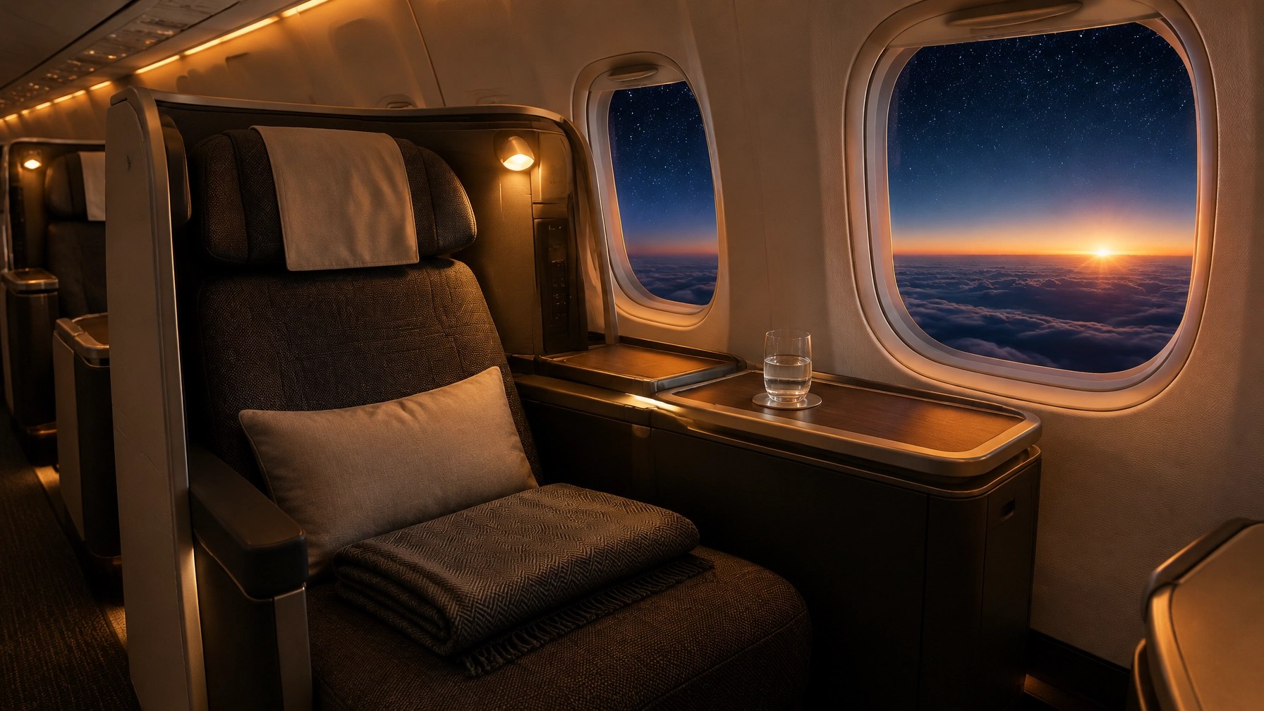 Empty premium airplane cabin at night with soft amber lighting, a folded blanket, and a glowing window