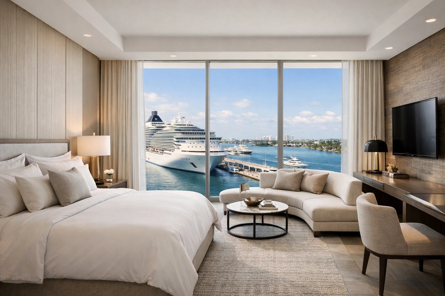 High-end modern luxury hotel suite with harbor view