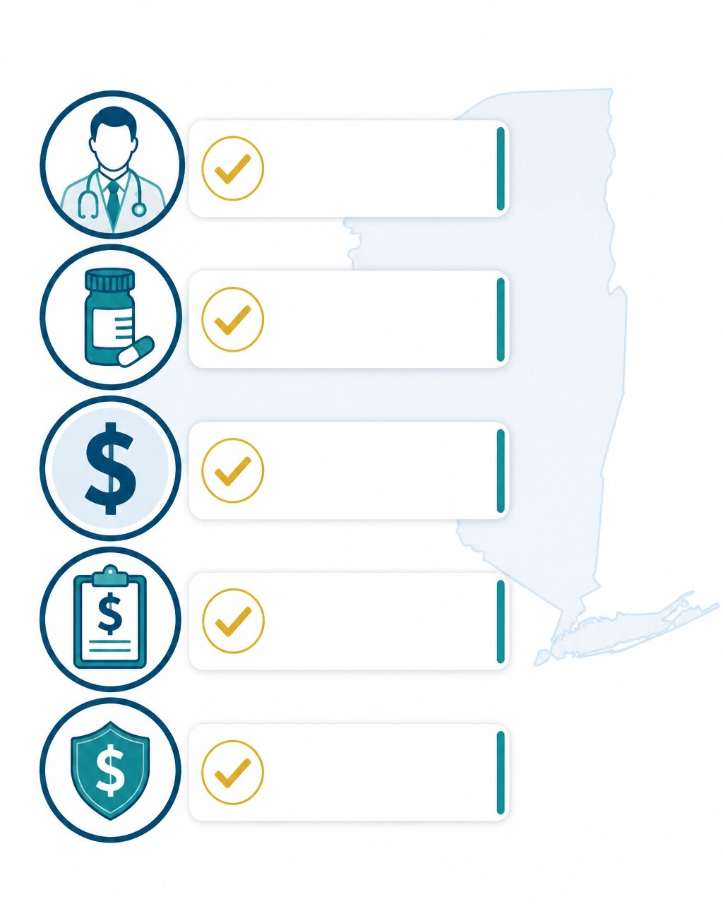 Organized health insurance checklist with icons for doctors, prescriptions, premiums, and deductibles