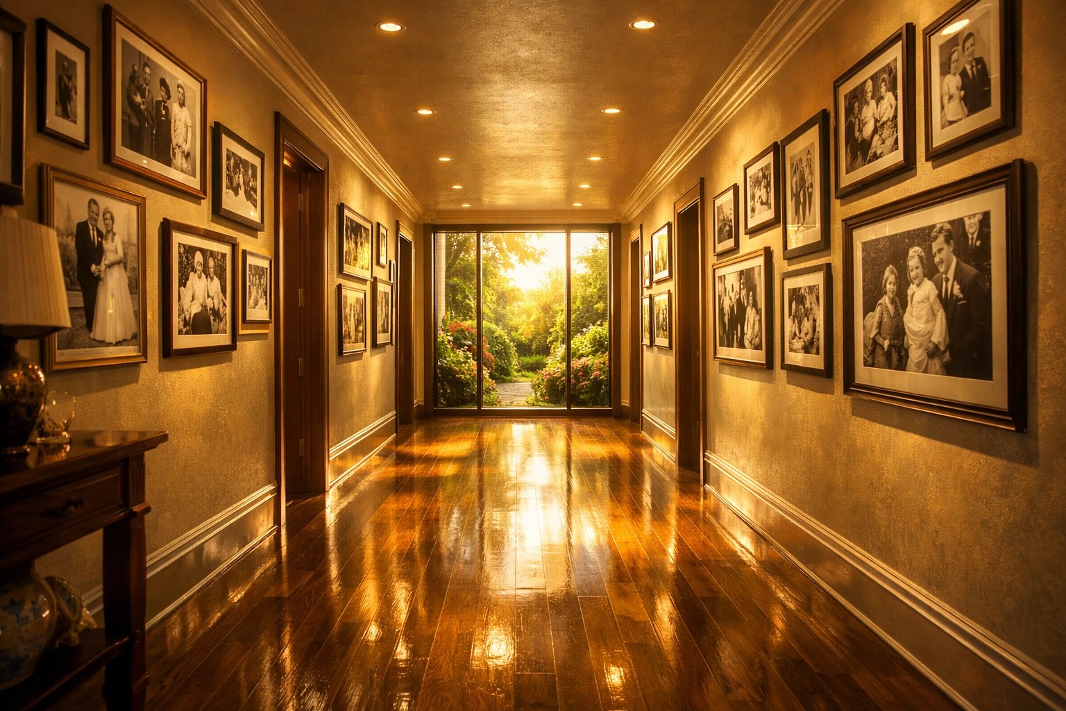 A sunlit luxury hallway symbolizing the long-term credit history and financial foundation for building wealth.