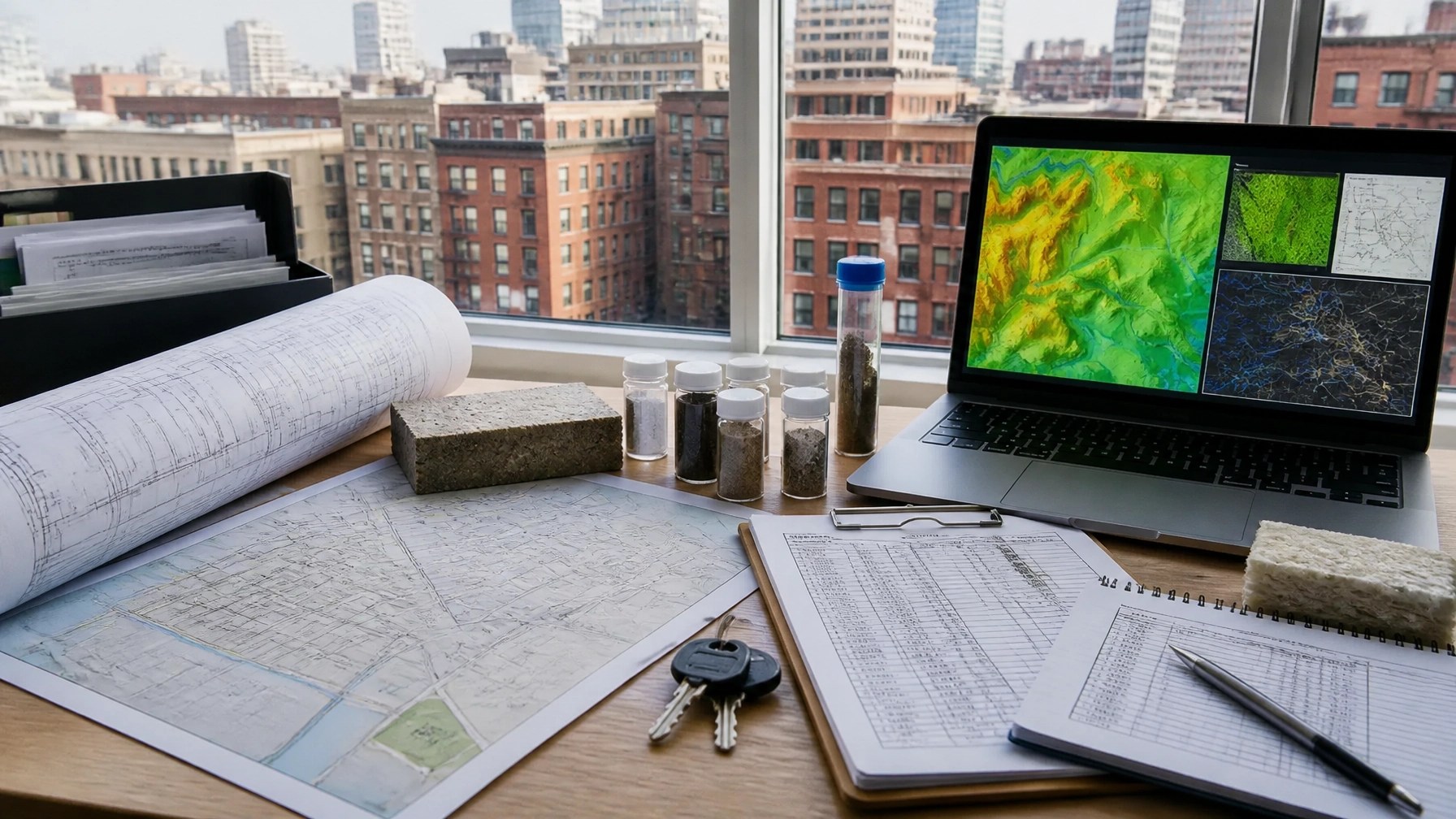 Acquisition diligence table with environmental sampling equipment, property plans, and GIS review materials