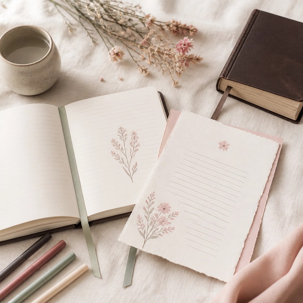 Open faith journal, handwritten prayer page, Bible, pens, and delicate flowers arranged on a light linen surface