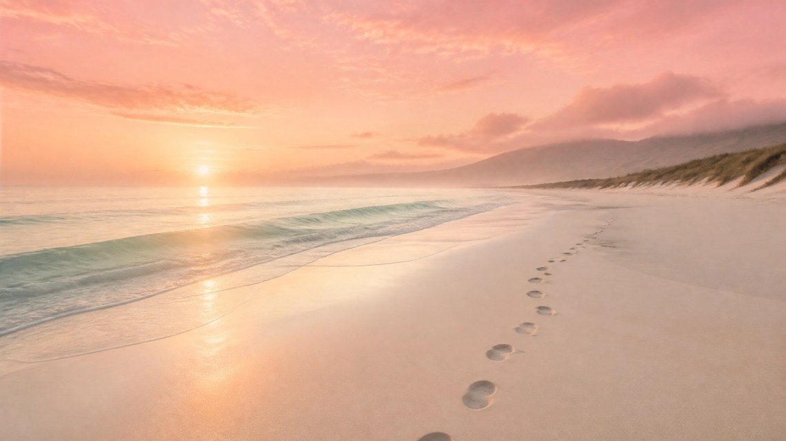 A wide, inspirational shot of footprints on a beach at sunrise, symbolizing the spiritual journey.