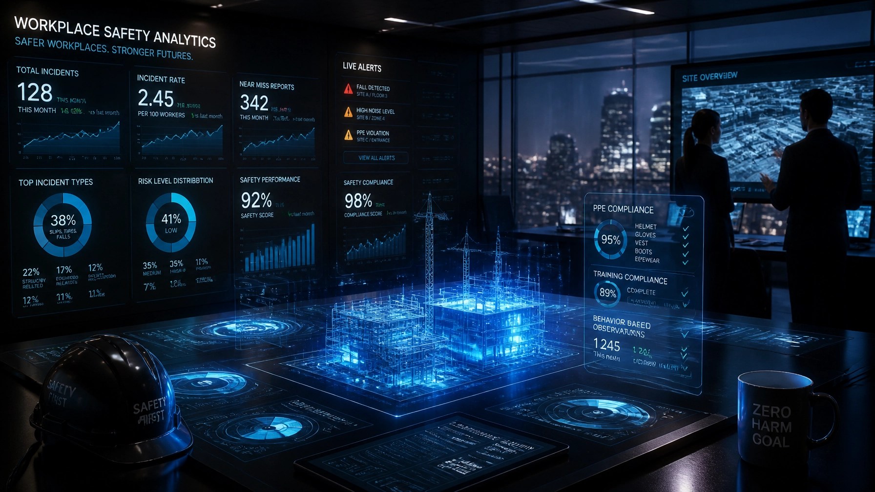 Cinematic futuristic workplace safety analytics center with holographic metrics