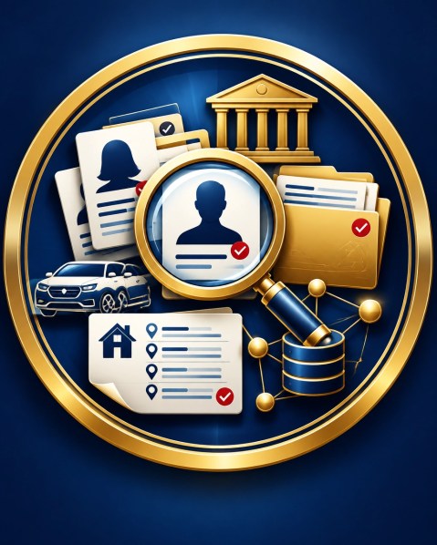 A polished investigative research emblem with identity records, court documents, vehicle information, address history, and verified database connections