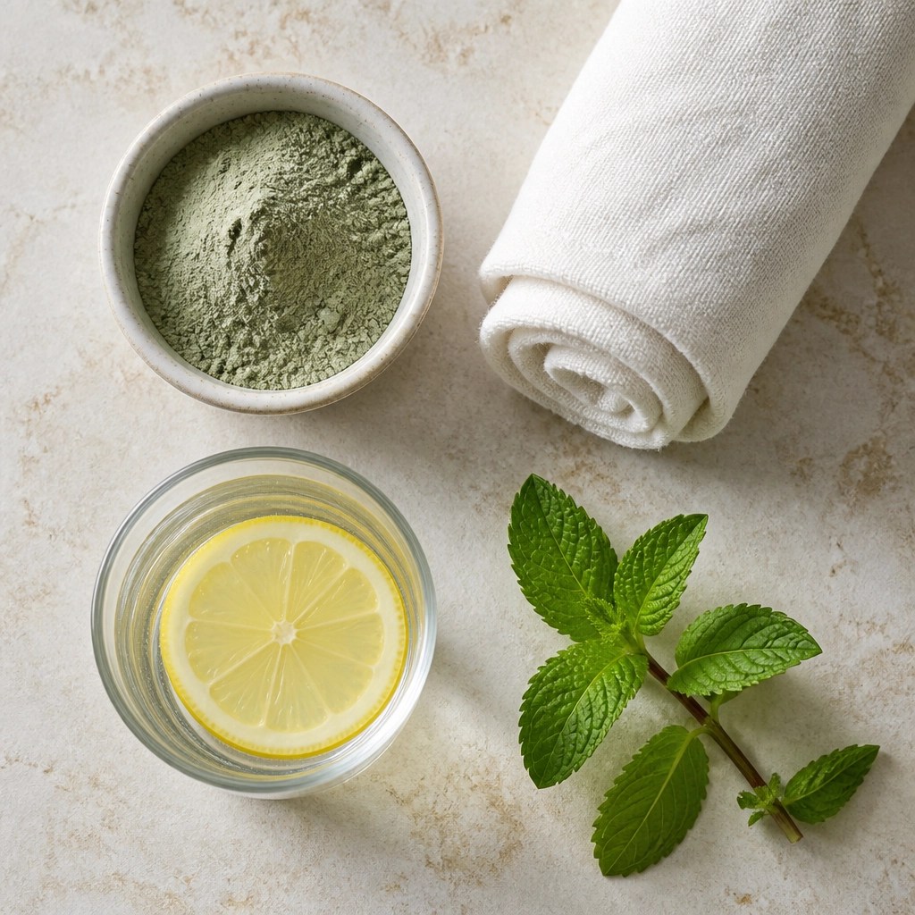 Natural healing tools including green clay and organic elements