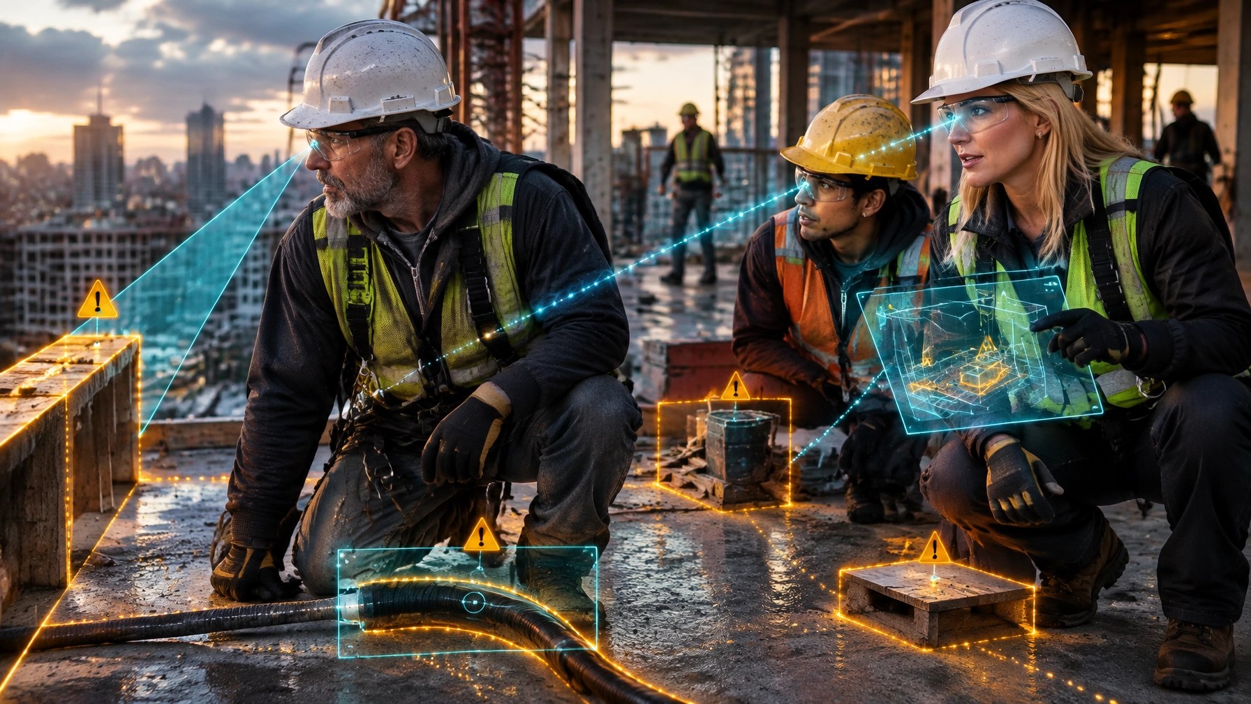 Multigenerational construction crew conducting an age-tailored hazard audit with subtle augmented-reality hazard cues