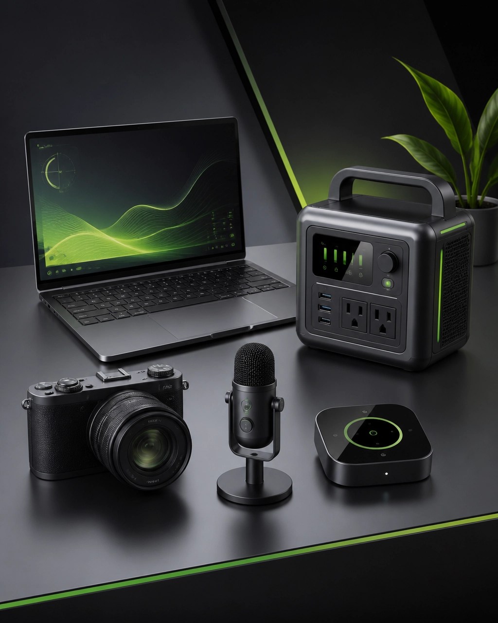 Editorial 3D illustration of a laptop, compact camera, portable power station, microphone, and smart gadgets arranged on a studio desk
