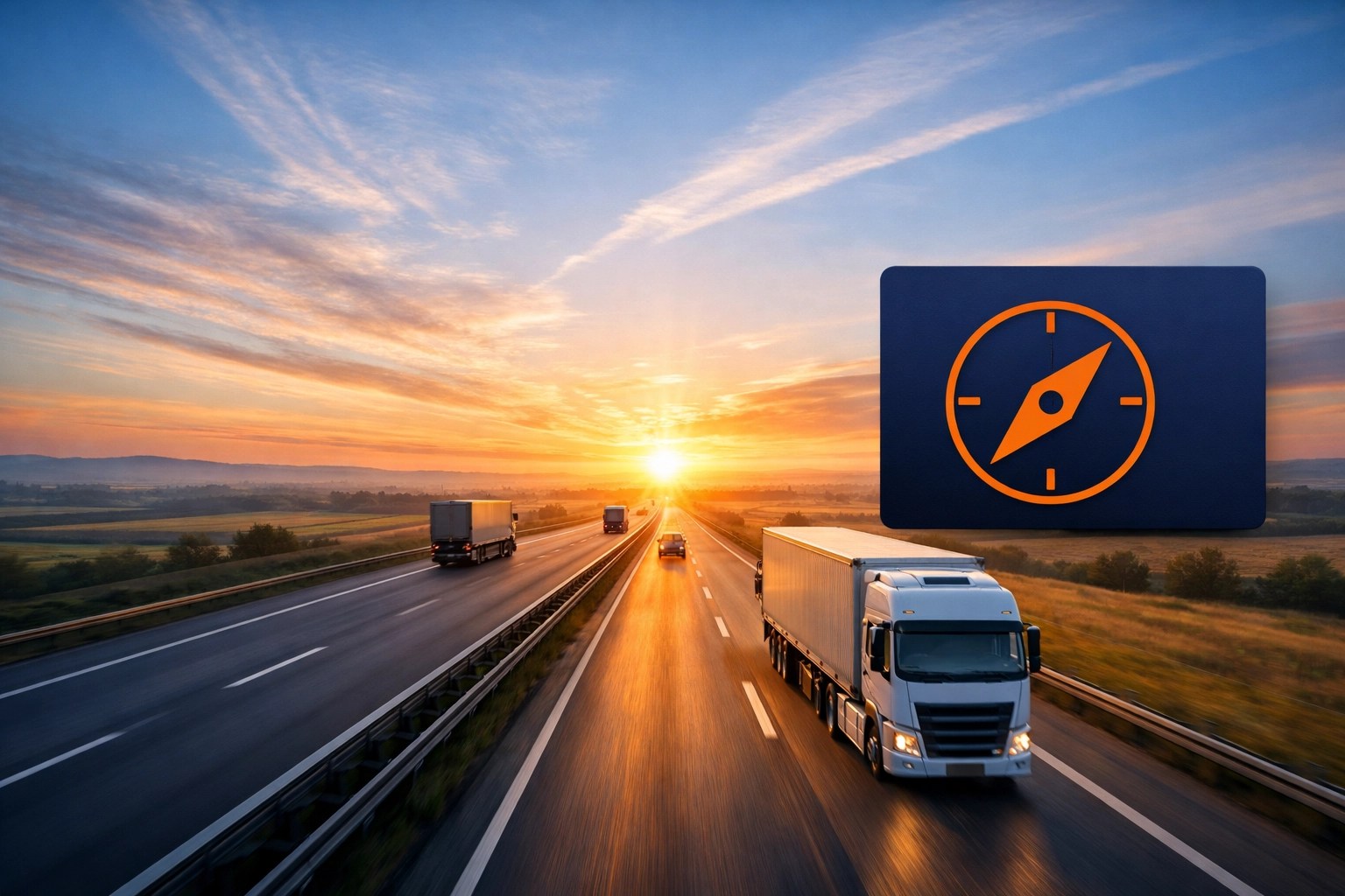 Freight trucks moving at sunrise, illustrating a forward-thinking shipping strategy for 2026.