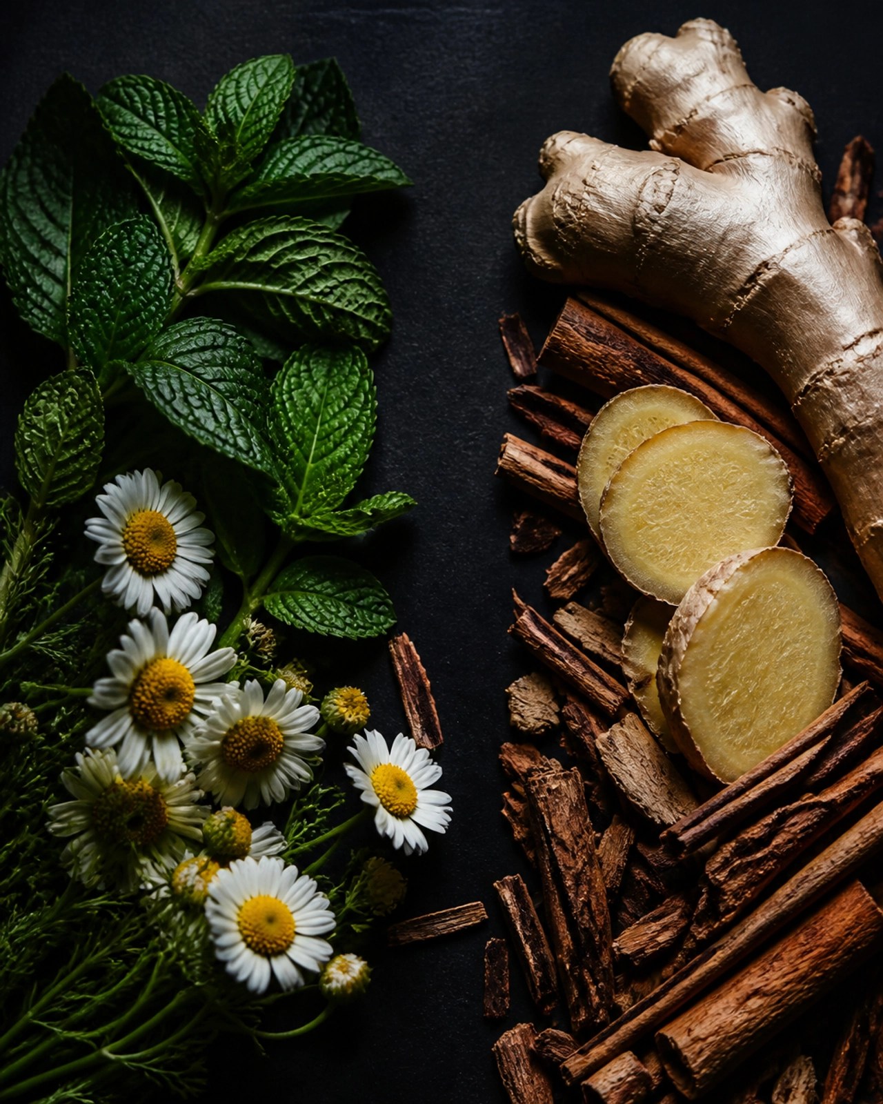 Contraste visual entre hierbas delicadas para infusión y raíces robustas para decocción
