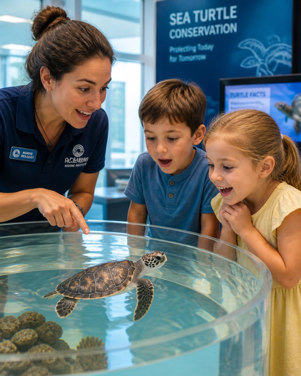 Two young children looking with wonder at a sea turtle in a high-end marine conservation center.