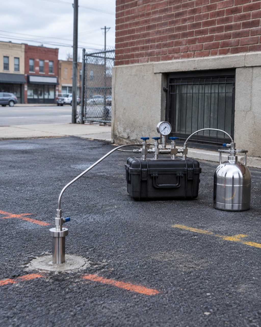 Exterior soil vapor probe and sampling manifold beside an older urban retail corridor
