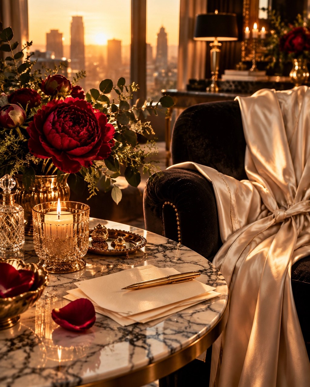 Luxury ritual setting for divine feminine energy, manifesting love, and empowered dating advice for women
