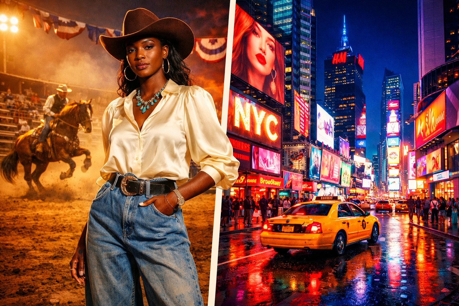 Split-scene contrast of Texas rodeo dirt and neon NYC skyline with a classy Black woman in Western wear bridging both worlds.