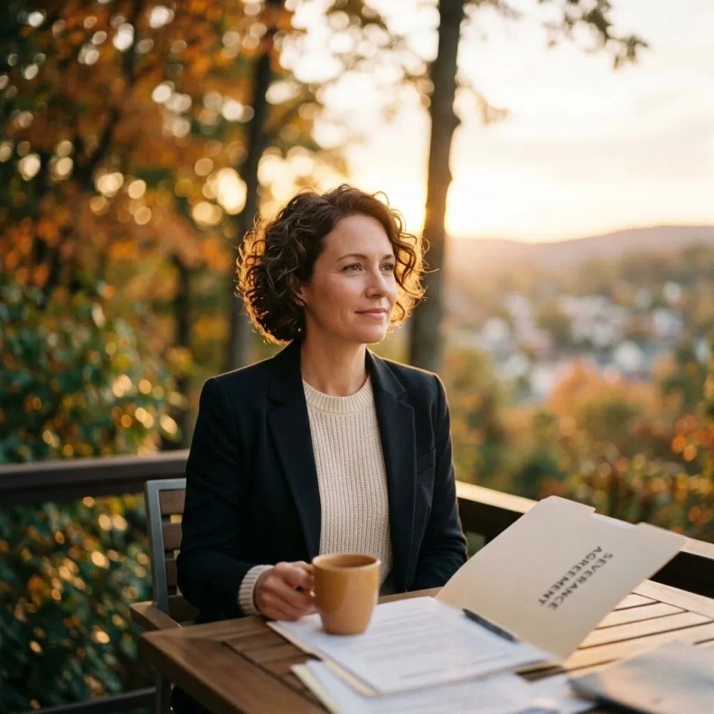A woman over 50 sits outdoors with a coffee mug, reflecting on a severance agreement amidst a tranquil autumn setting.