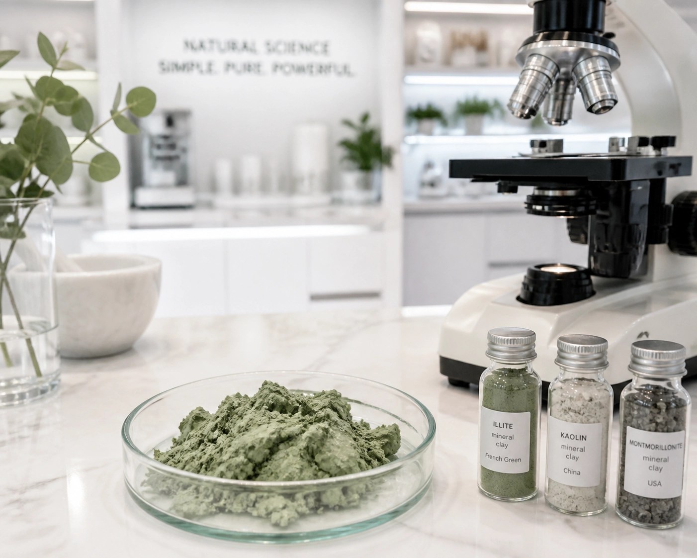Scientific testing of green clay in a modern laboratory to verify its healing minerals and purity.