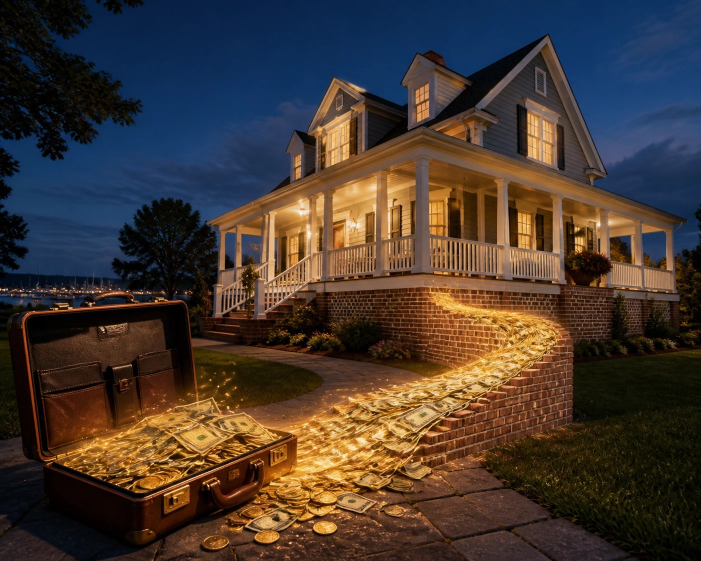 Cash transforming into a house foundation, illustrating how tax savings fund a real estate down payment.