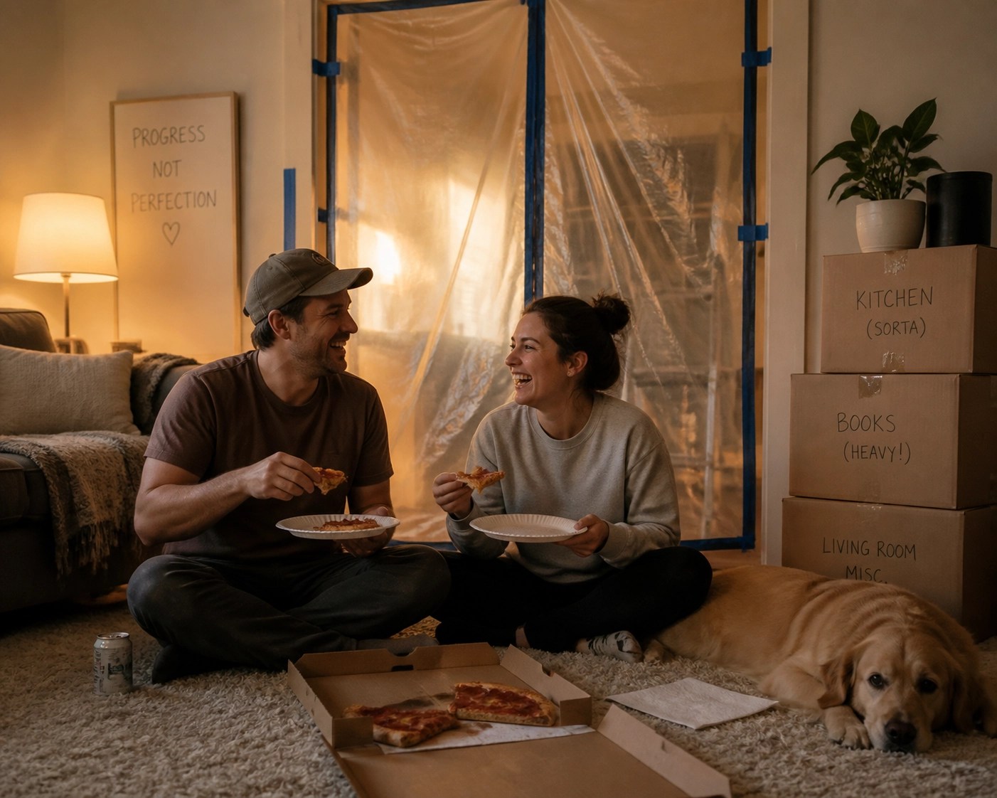 Homeowners dining amidst home renovations boxes, highlighting the soft costs of residential contractor services.