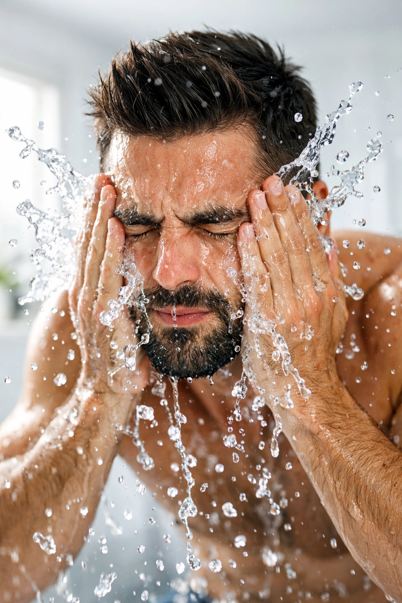 A man with a groomed beard rinsing off a green clay mask with fresh water for a clean, detoxed jawline.