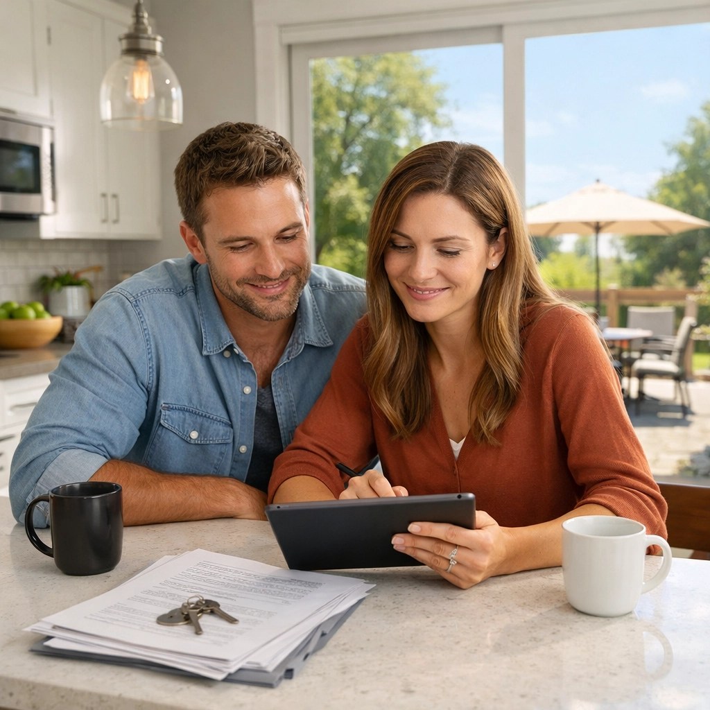 A relaxed couple reviewing real estate documents in a modern Catonsville kitchen.