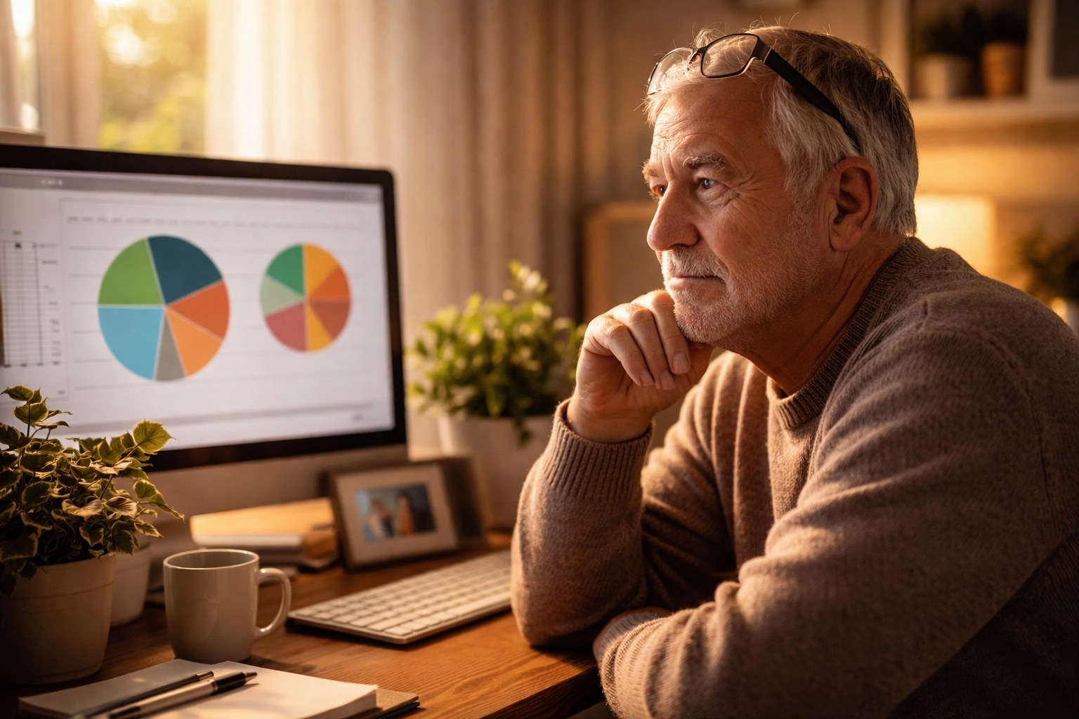 Retired man reviewing tax advantaged retirement savings plan on computer in home office