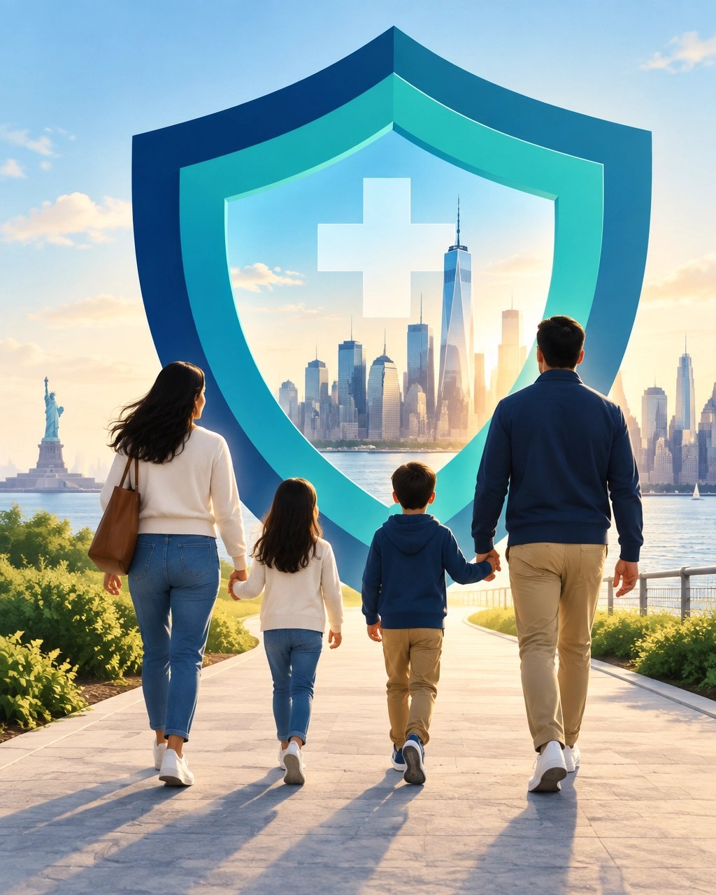 New York family walking confidently toward a health insurance protection symbol