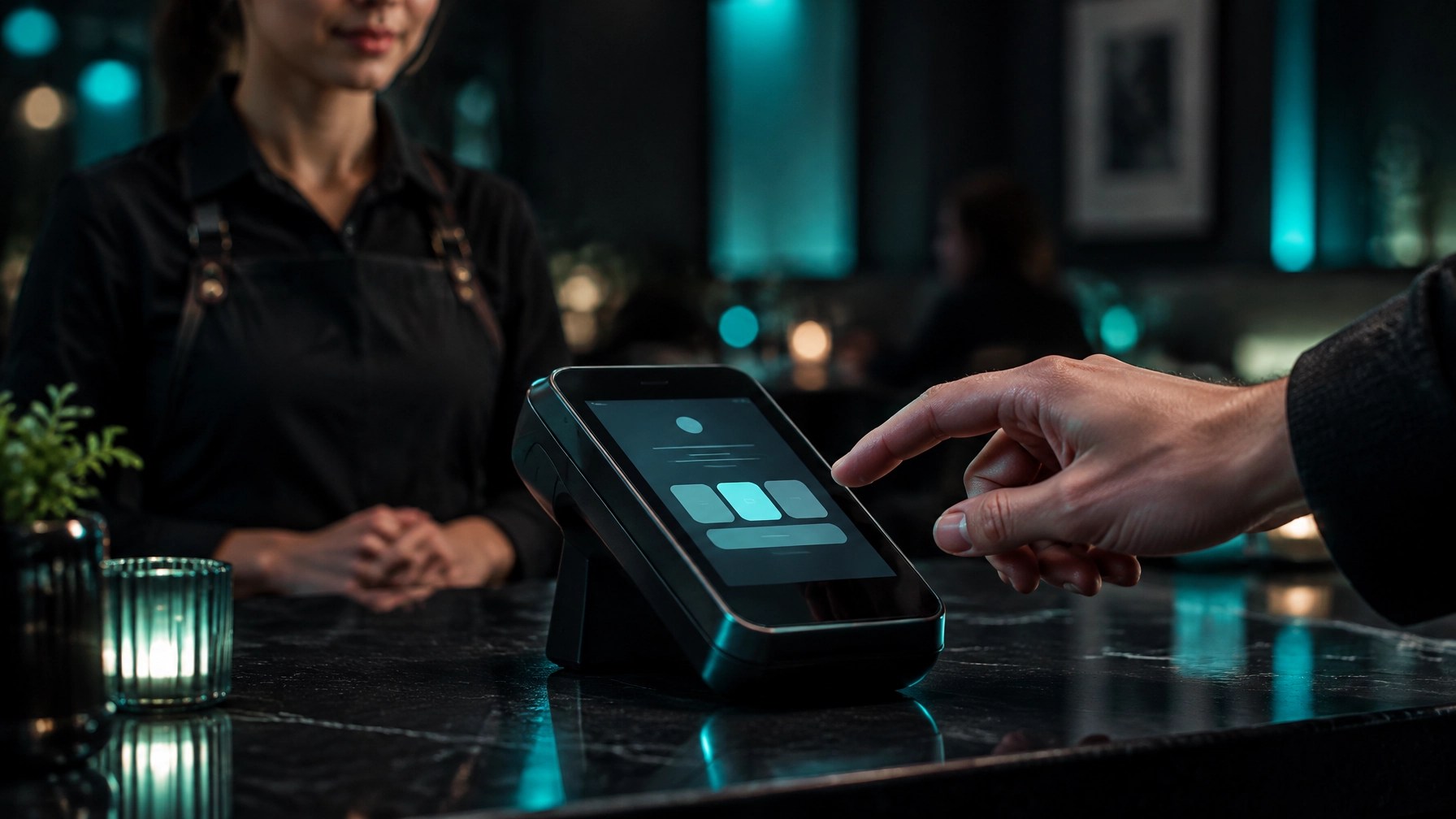 A card terminal on a restaurant counter, with a guest pausing before a tip prompt