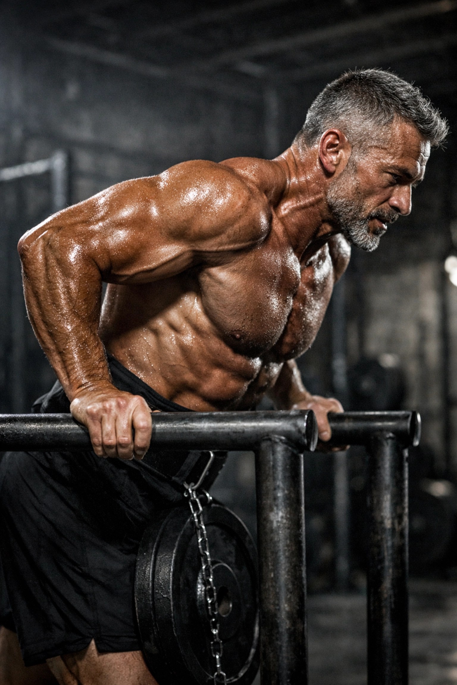 Athlete performing a deep weighted dip on parallel bars to build chest and triceps muscle.