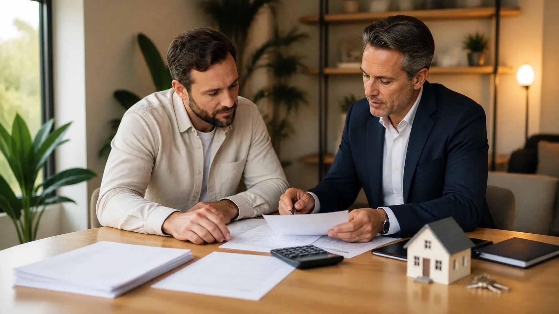 Investor and mortgage advisor reviewing rent documents and refinance options