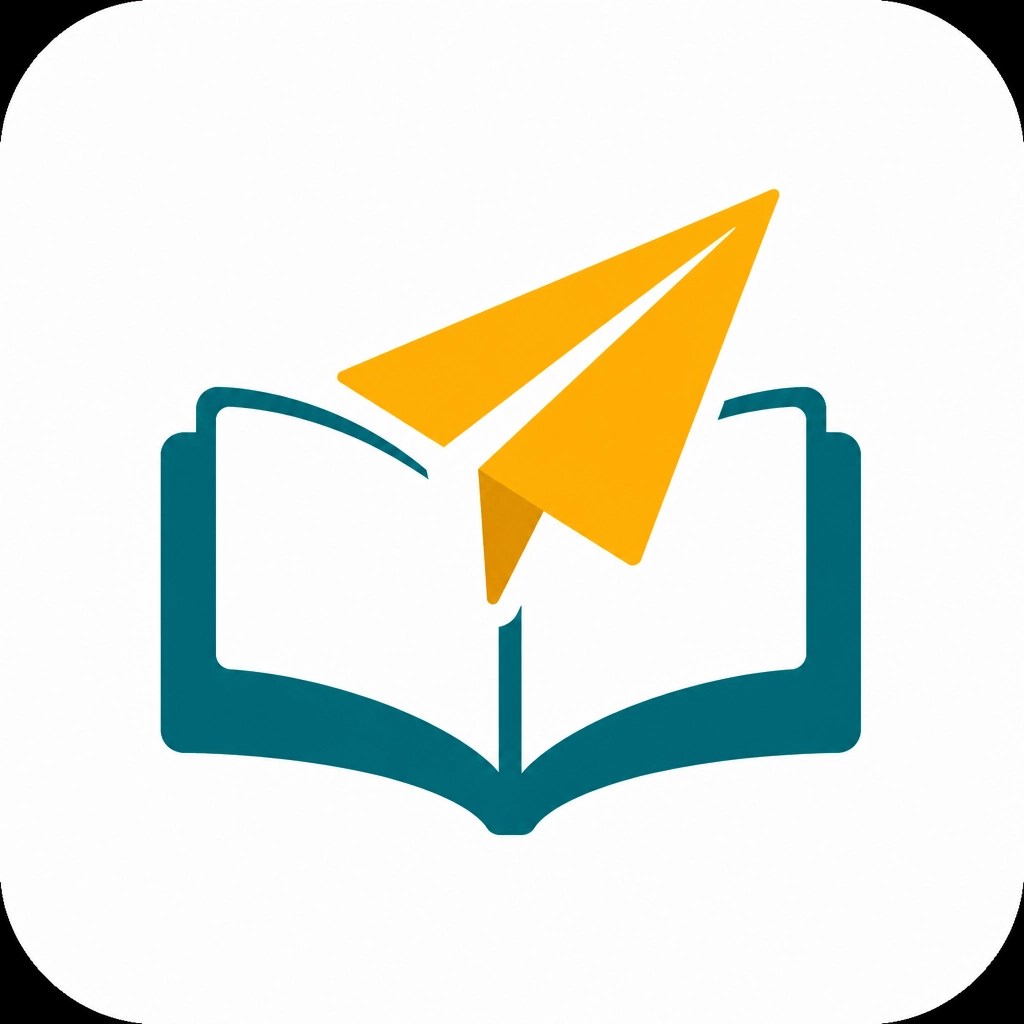 Flat design icon of a paper plane combined with a book, symbolizing education as a launchpad for success.