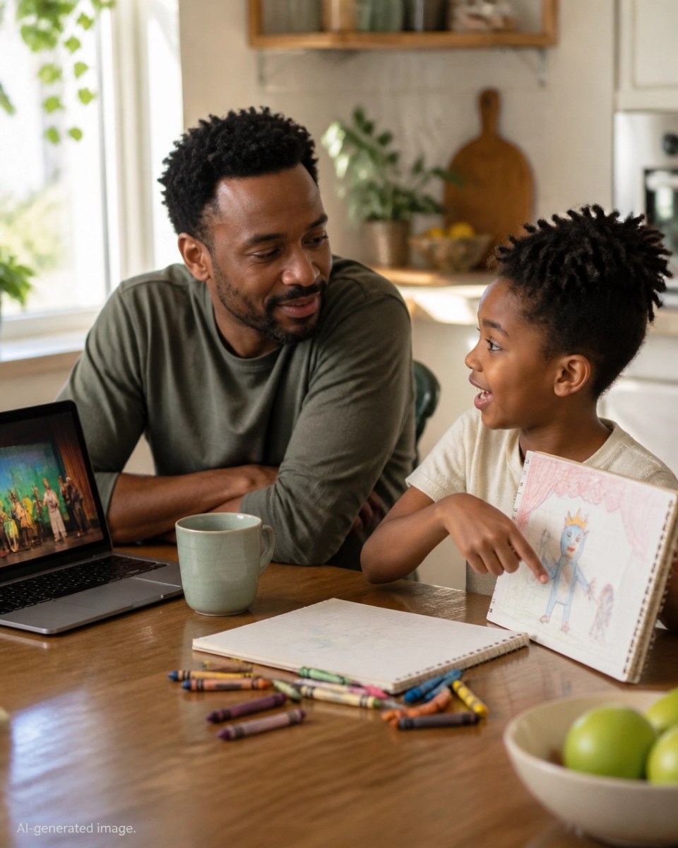 Fictional black parent and child discussing an original theater character drawing at home