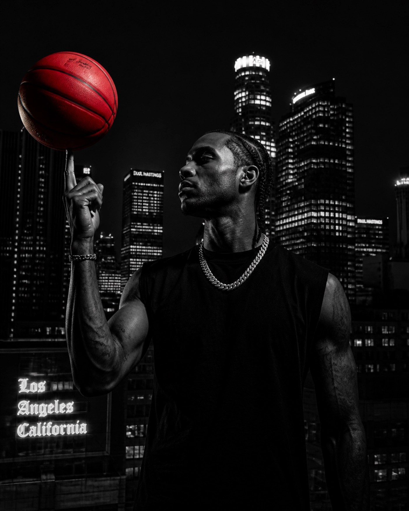 Red basketball spinning against a nighttime Los Angeles skyline representing Black excellence in sports.