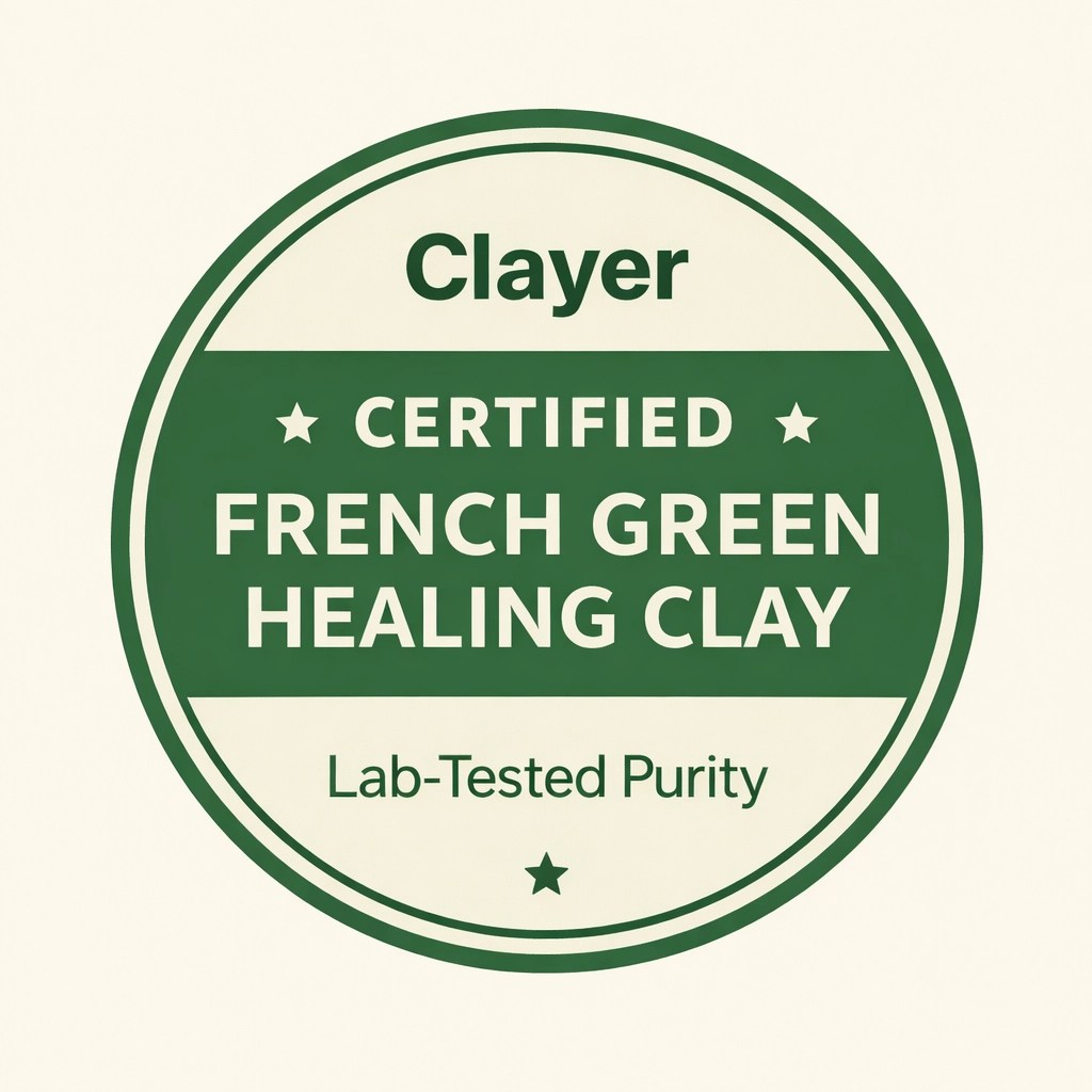 Clayer certified French green healing clay badge — photo description: generic, non-branded award-style seal highlighting lab-tested purity for green clay and healing clay.