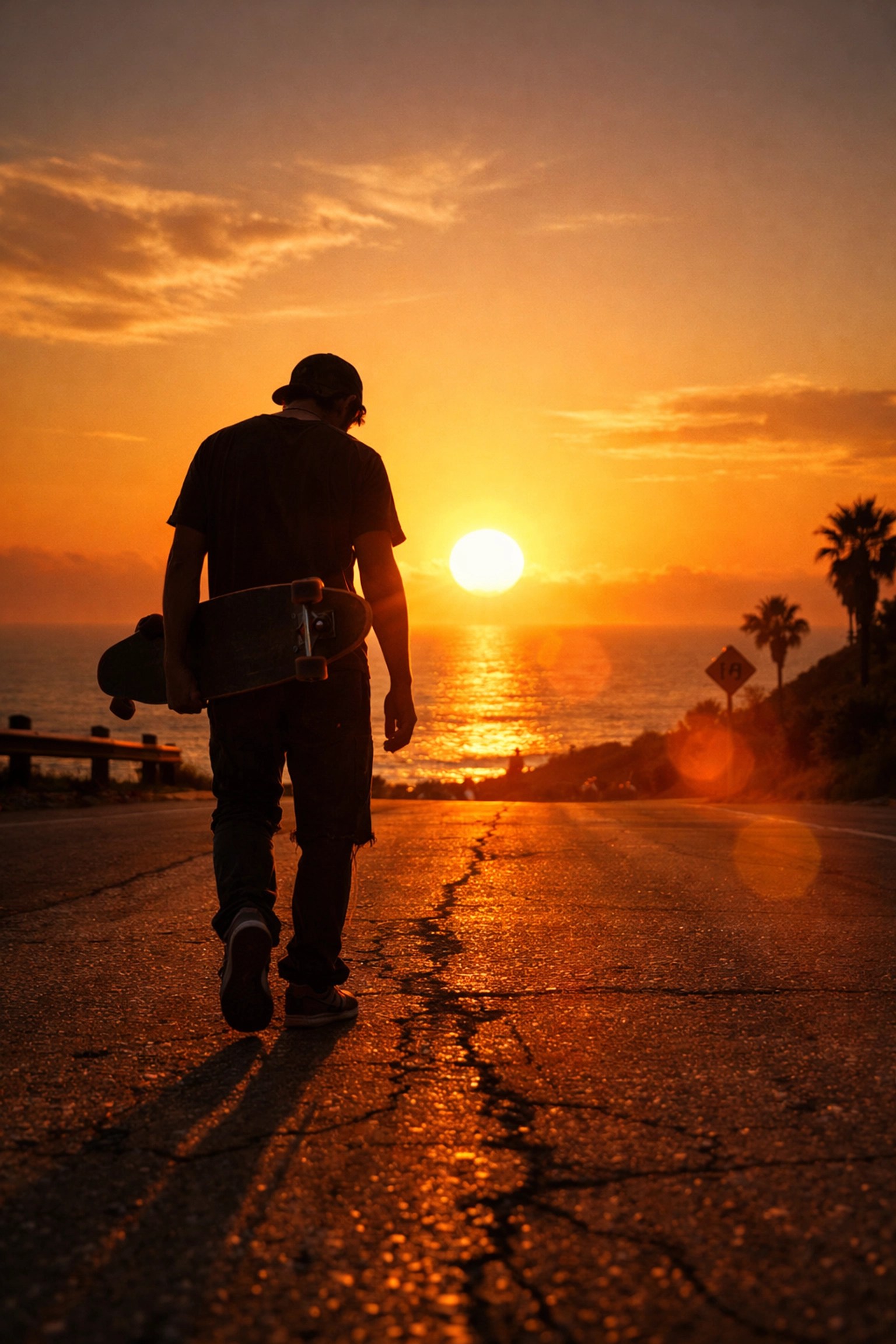 Silhouette of a tired skater carrying a longboard at sunset, representing the human grit and end of an athletic session.