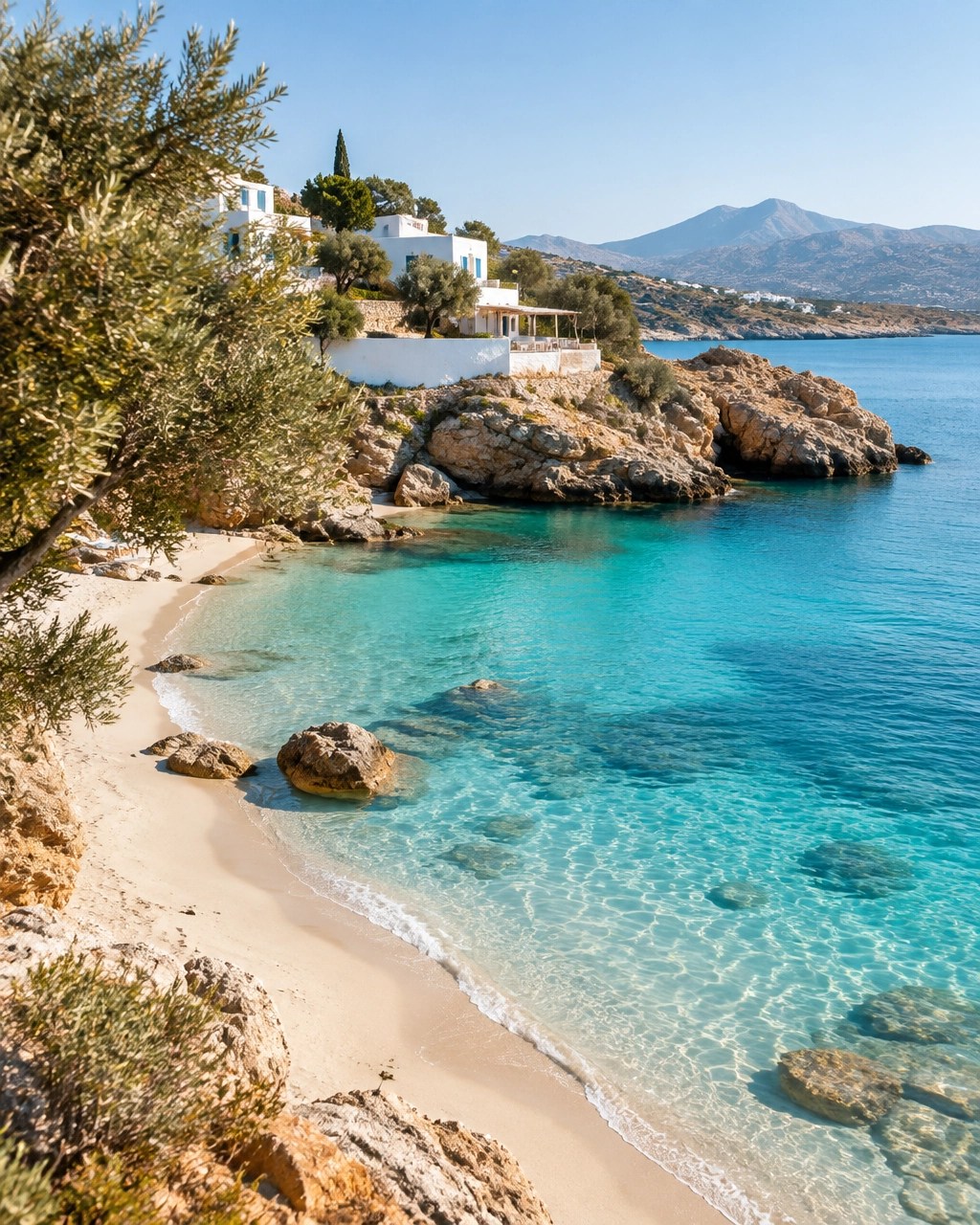 Serene October beach in Crete or Rhodes with turquoise water, olive trees and whitewashed island architecture