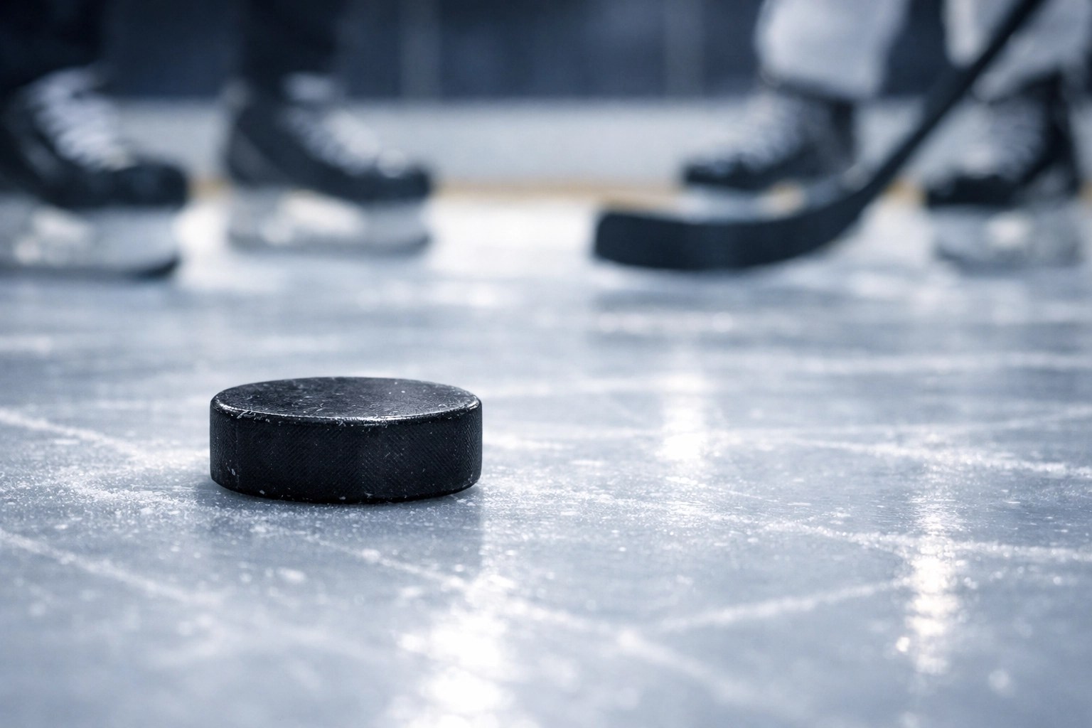 Close-up of a hockey puck on ice showing AI tracking in high-contrast sports environments.