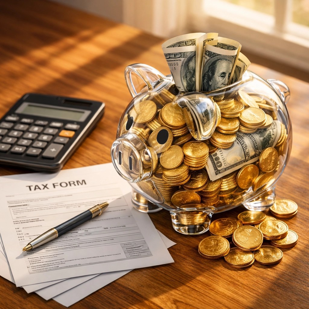 Piggy bank with coins and tax documents symbolizing W-2 tax savings strategies