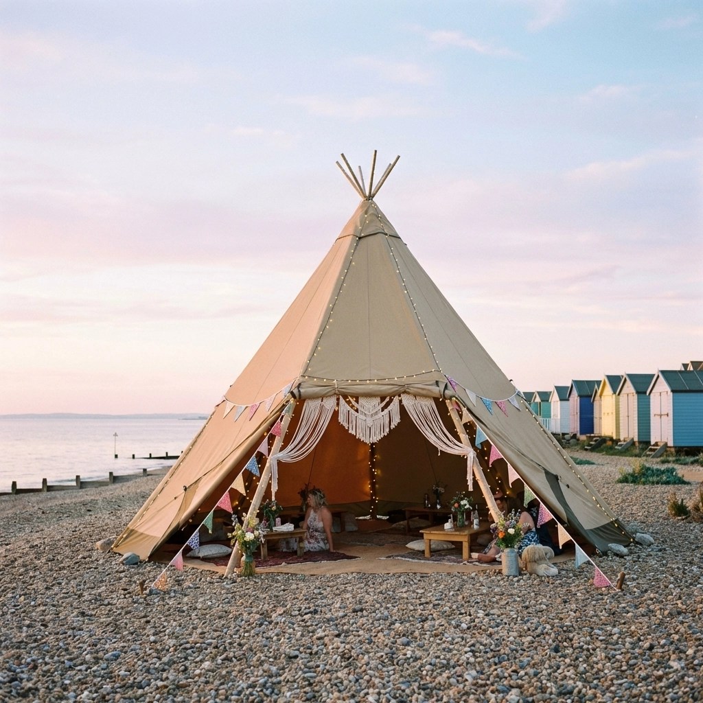 Bohemian tipi wedding setup on Whitstable coast, ideal for unique seaside Kent wedding venues.