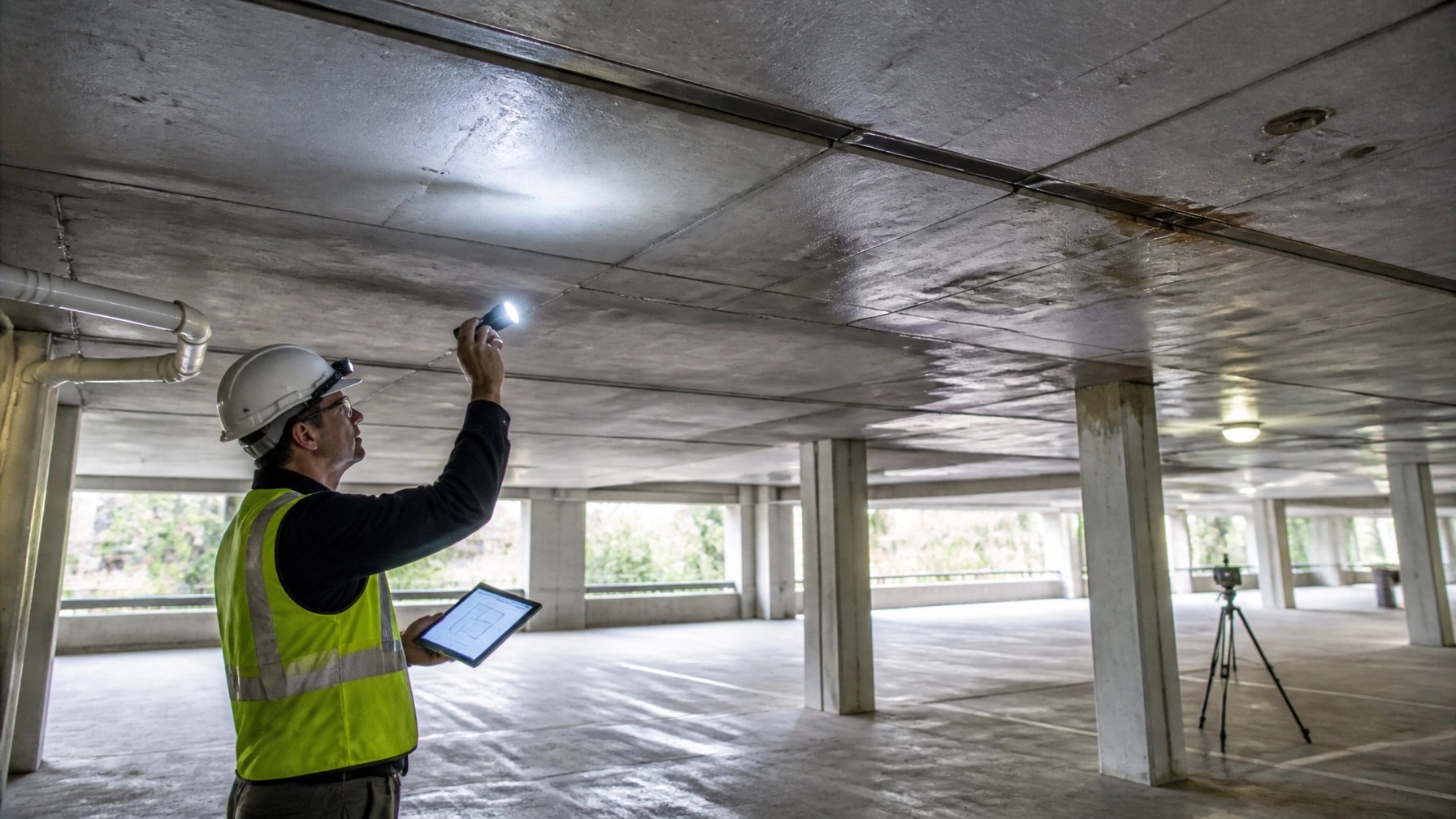 Concrete columns, beams, and slab conditions documented inside a residential podium parking garage