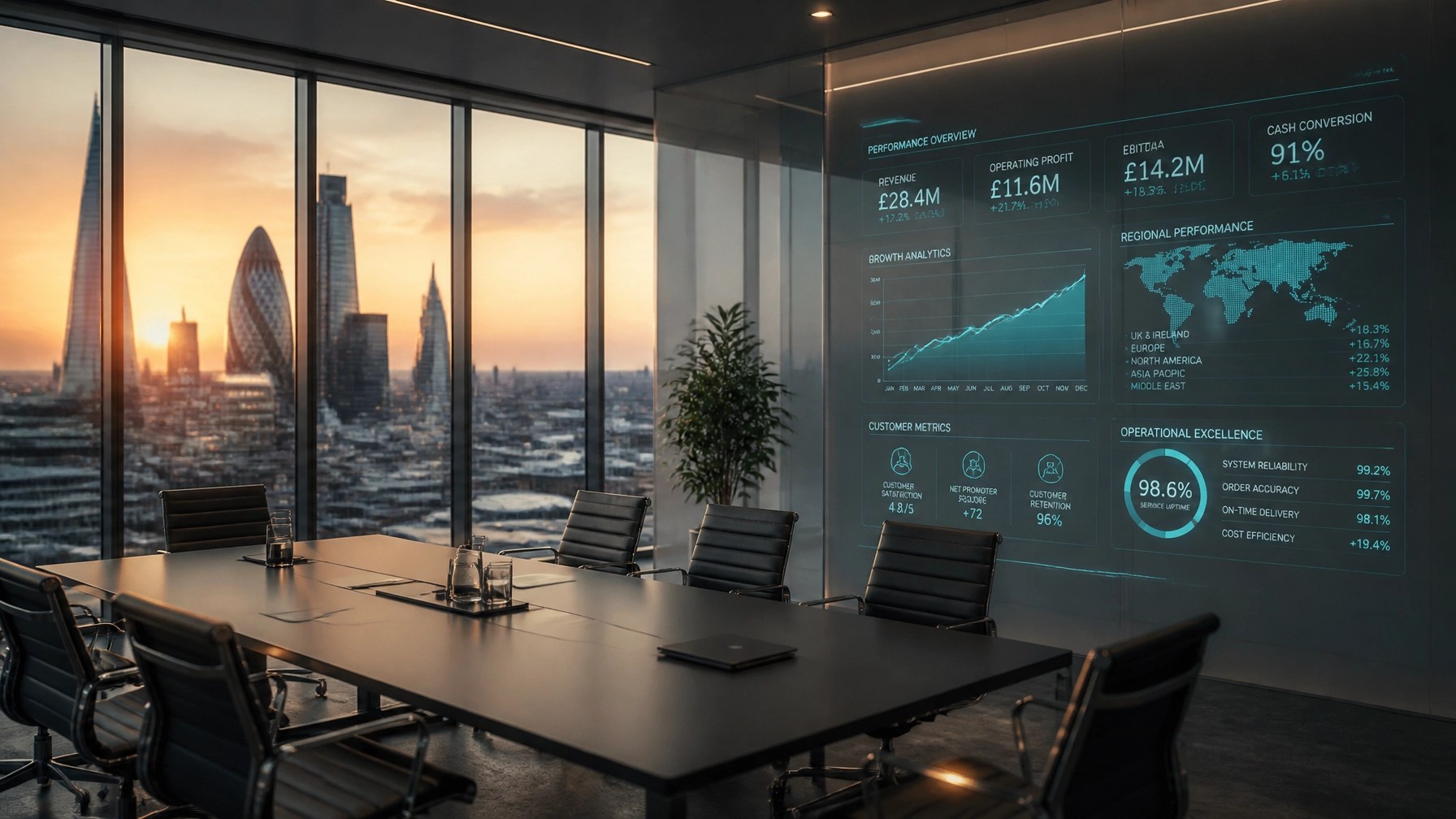 A high-tech boardroom representing commercial scalability and operational excellence