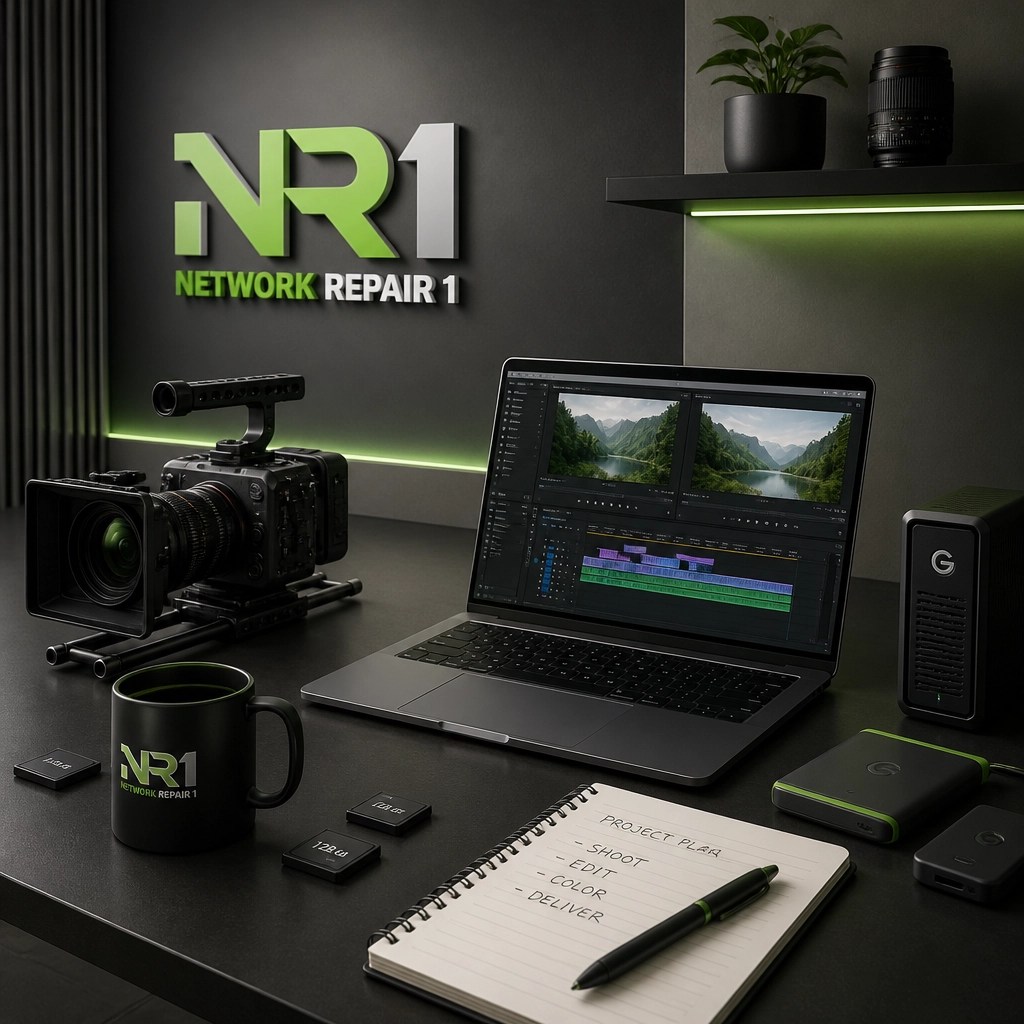 Sleek camera and laptop setup for content creation