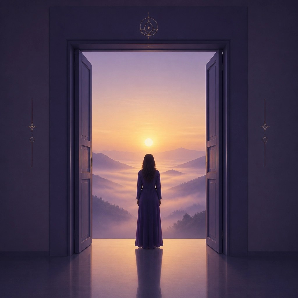 A woman's silhouette standing in a doorway at sunrise, representing the transition into a new state of mind and the clarity that comes from spiritual alignment and renewal.