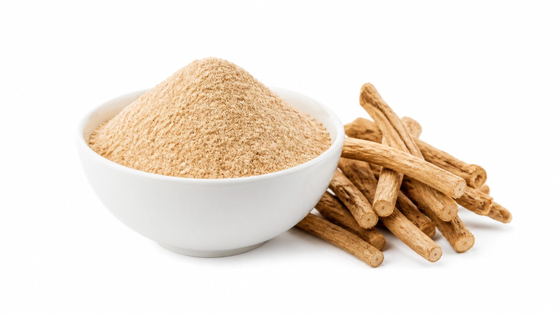 Ashwagandha root powder and roots on a white background