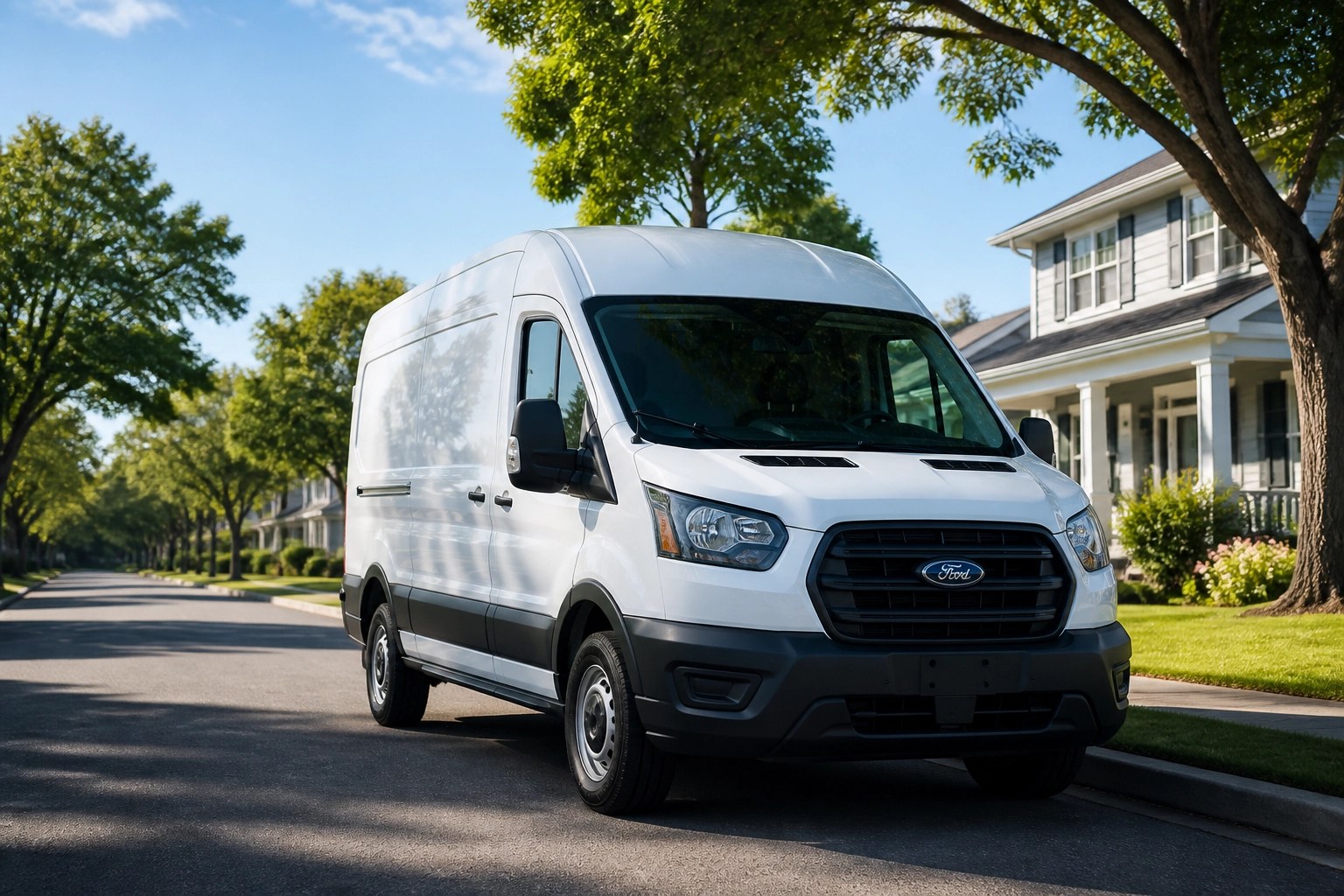 A professional NEMT vehicle parked on a suburban street, representing reliable recurring dialysis transport.