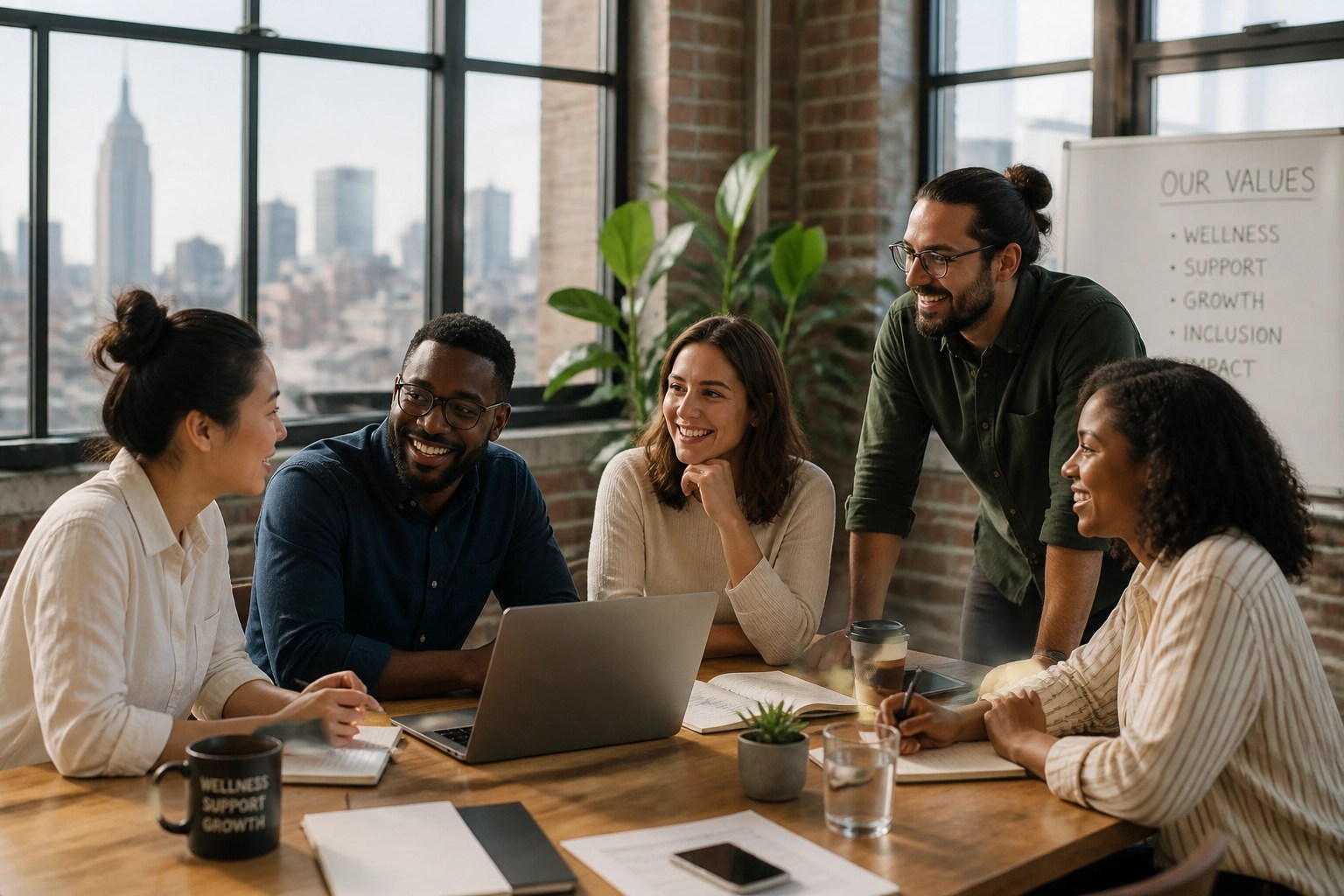 Small business employees in a New York office discussing high-quality group health insurance plans.