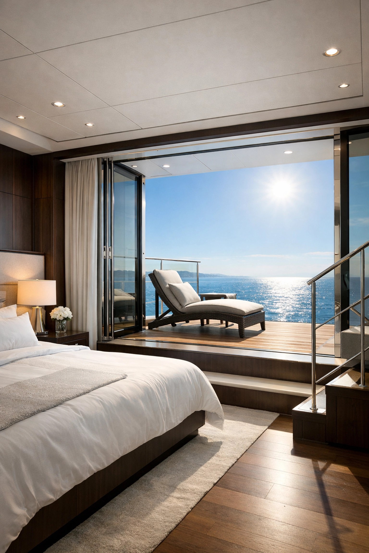 A spacious bi-level Ritz-Carlton luxury yacht suite featuring a private teak terrace overlooking the Mediterranean Sea.