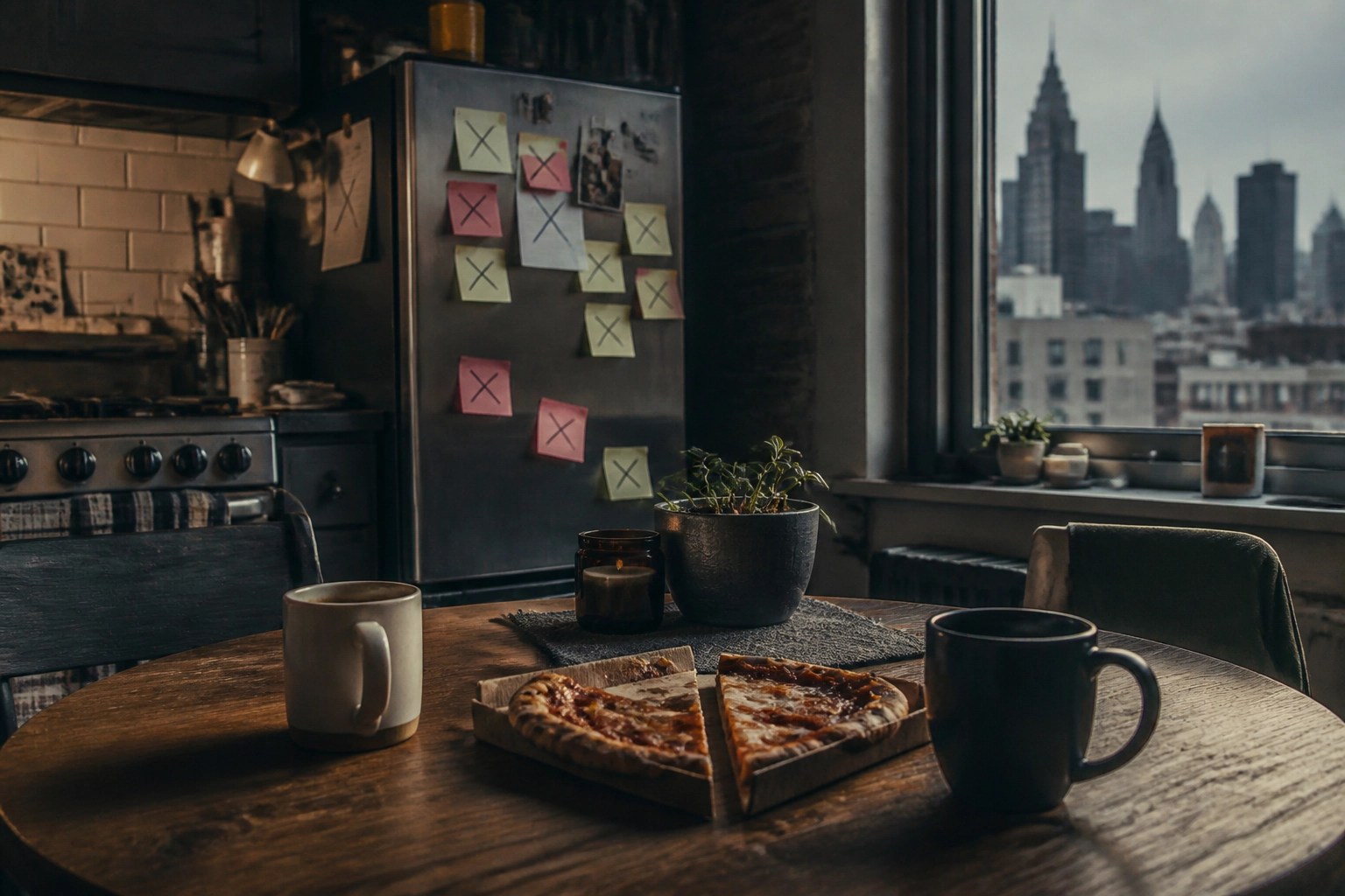 Small NYC apartment kitchen table after an argument, with separated mugs, a split pizza box, and city grit that mirrors sibling rivalry.